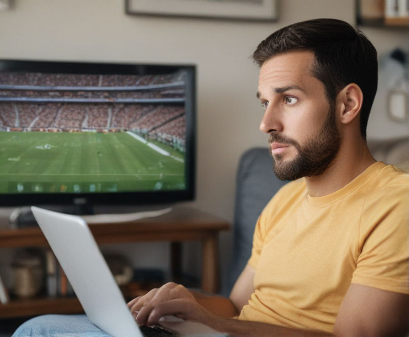 A man sits in his living room, eyes switching between the football game on TV and his laptop open to a sports betting website.