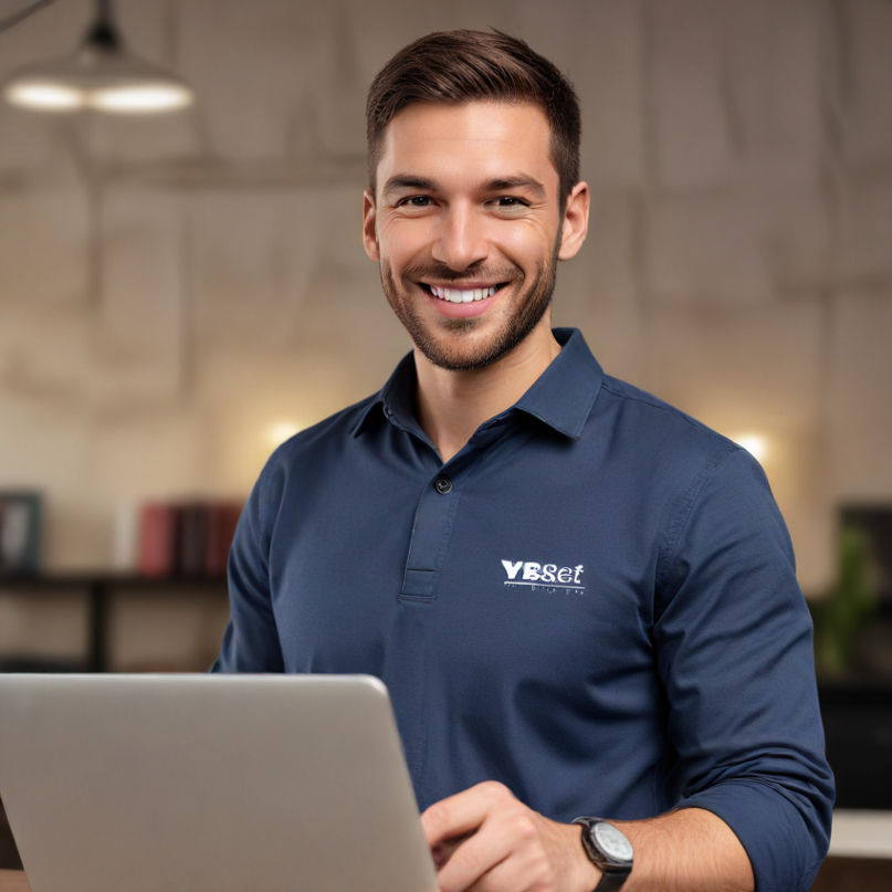 A man confidently smiles while holding a laptop, showcasing Yesbet’s secure and reliable registration process.