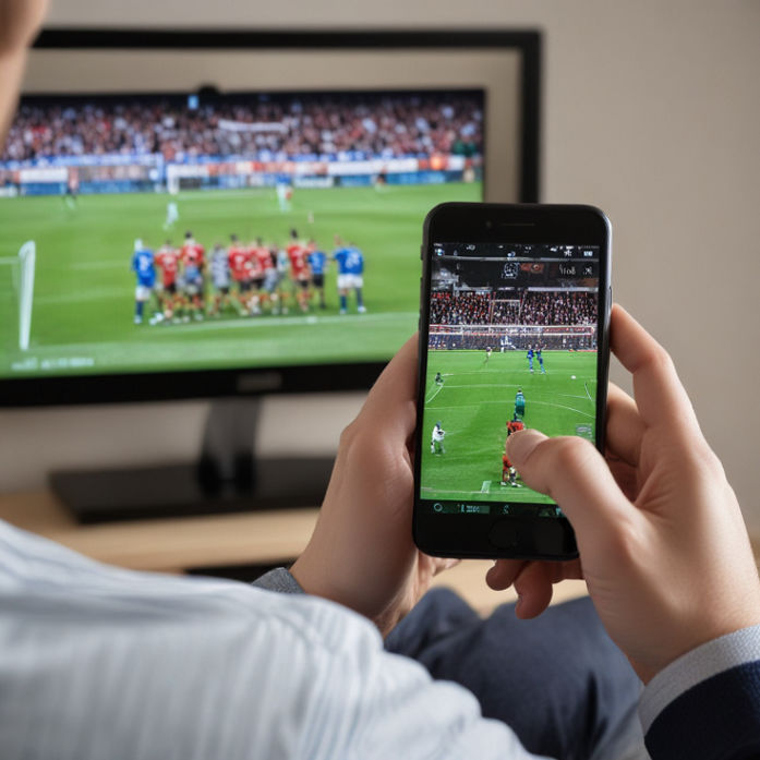 A person watching a Premier League game on TV while placing a live bet on their mobile phone.